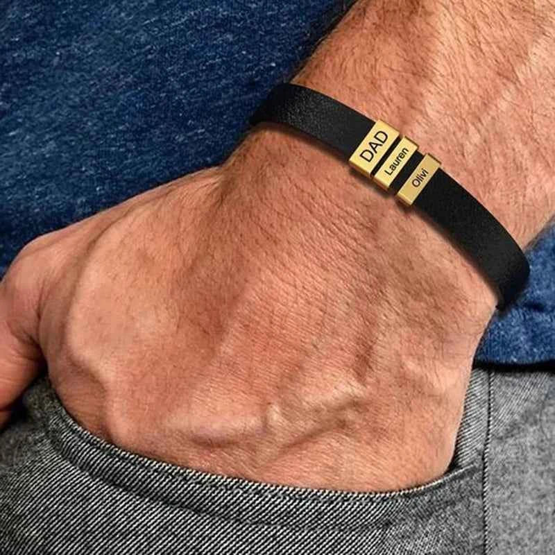 PolishedPlus Customized leather bracelet for men stainless steel Engrave Family Name Id Tag For Dad Gift
