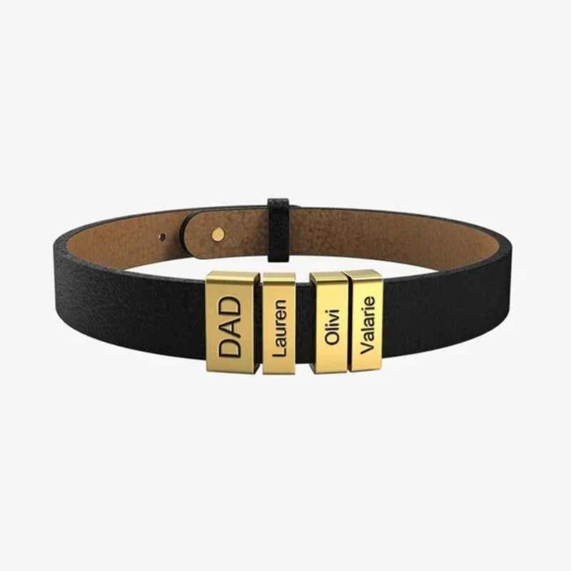 PolishedPlus Customized leather bracelet for men stainless steel Engrave Family Name Id Tag For Dad Gift