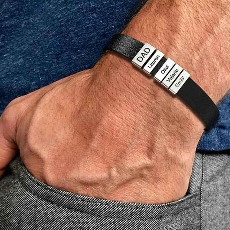 PolishedPlus Customized leather bracelet for men stainless steel Engrave Family Name Id Tag For Dad Gift