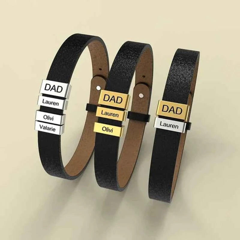 PolishedPlus Customized leather bracelet for men stainless steel Engrave Family Name Id Tag For Dad Gift