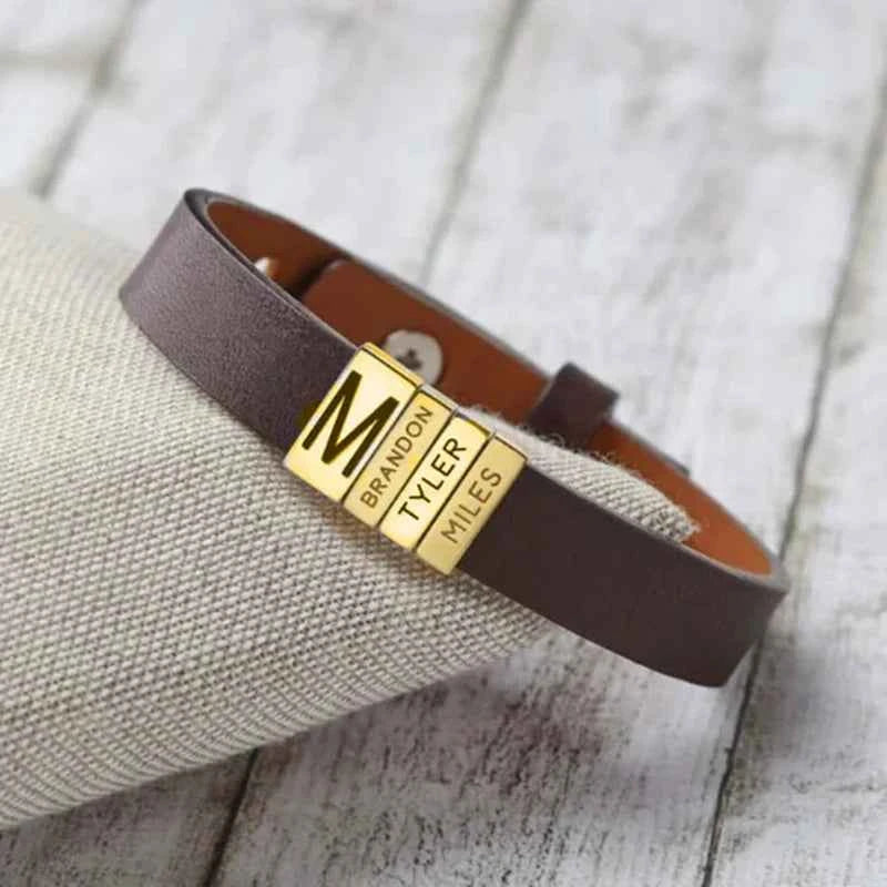PolishedPlus Customized leather bracelet for men stainless steel Engrave Family Name Id Tag For Dad Gift