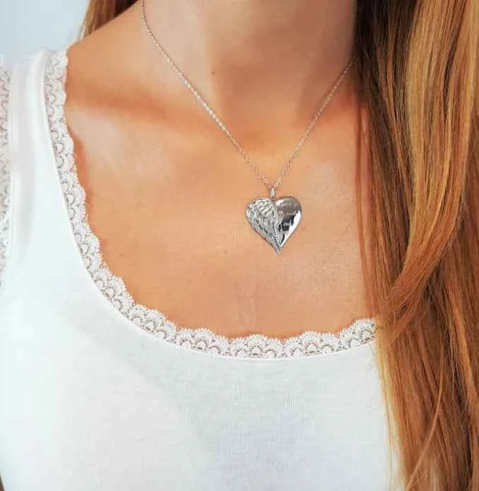 Angel Wings Engraved Necklace with Heart Pendant