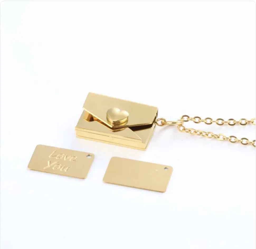 Hidden Message Heart Envelope Pendant Necklace Titanium Steel