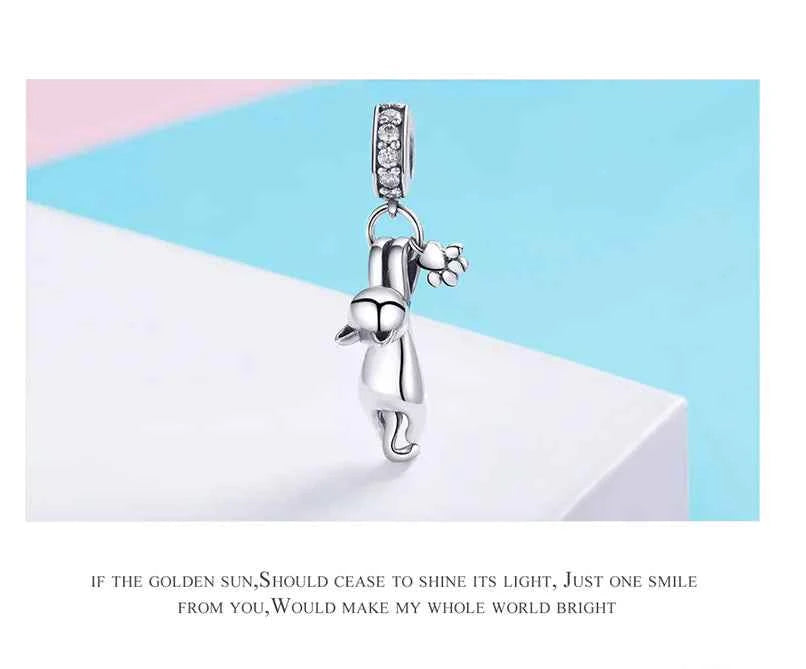 Charming Cat Pendant, S925 Silver with Zirconia Beads