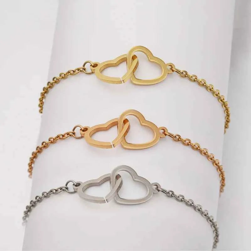 Gift Double Heart Bracelets for Women Custom Engraved Name Steel Bracelets Eternal Rose Box Wedding Box