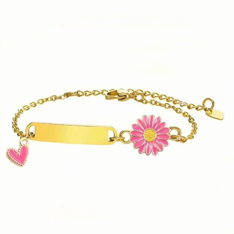 Personalized stainless steel engraved bracelet with daisy sunflower and colorful heart