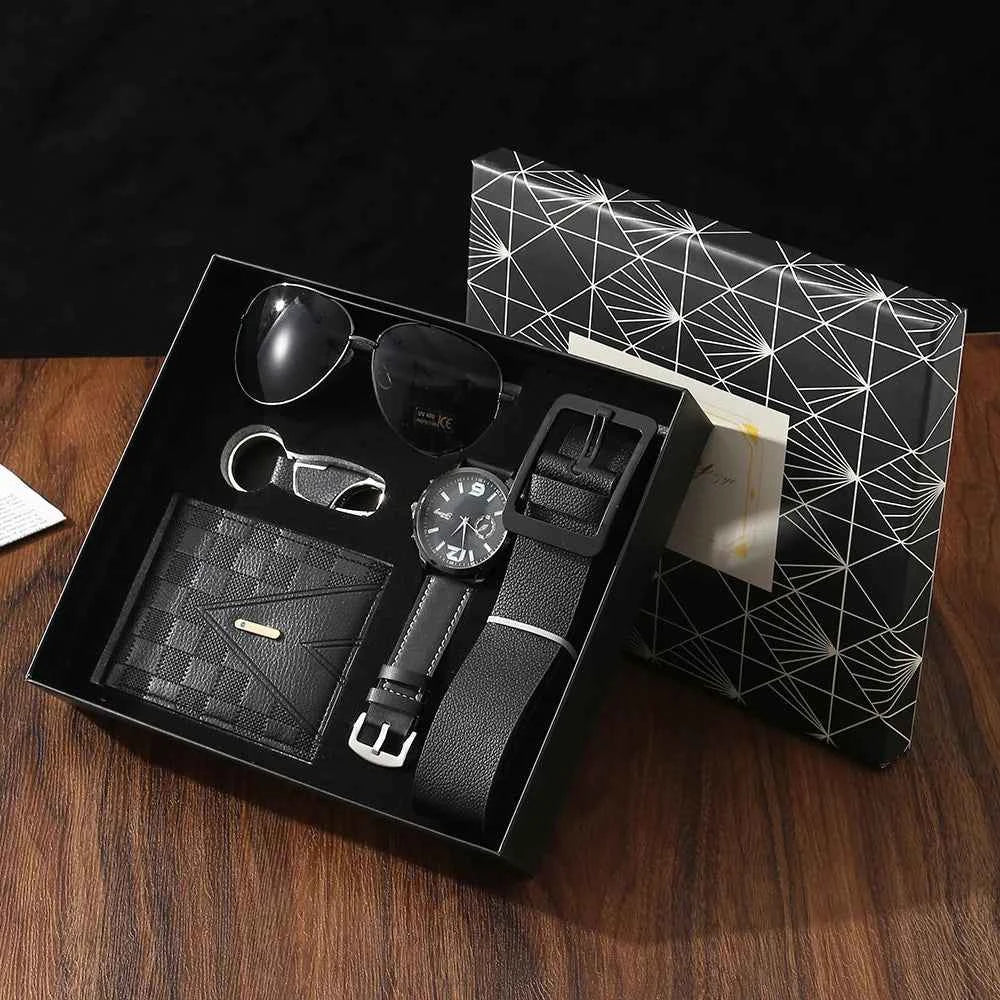 New Men Gift Set with Box Watch Keychain Sunglasses Belt and Wallet
