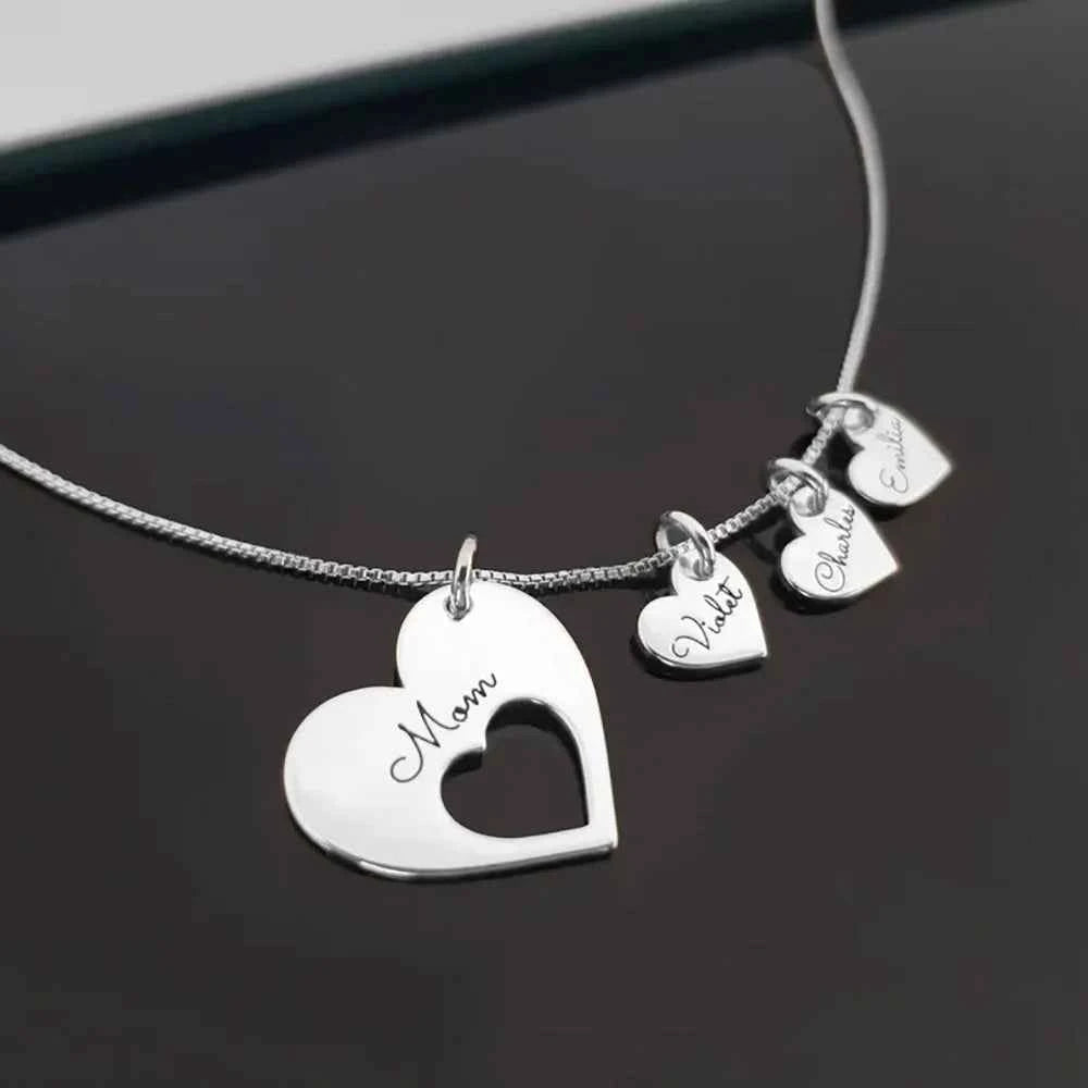 Personalized Hearts Necklace For Mom Engraved With Multiple Kids family Names