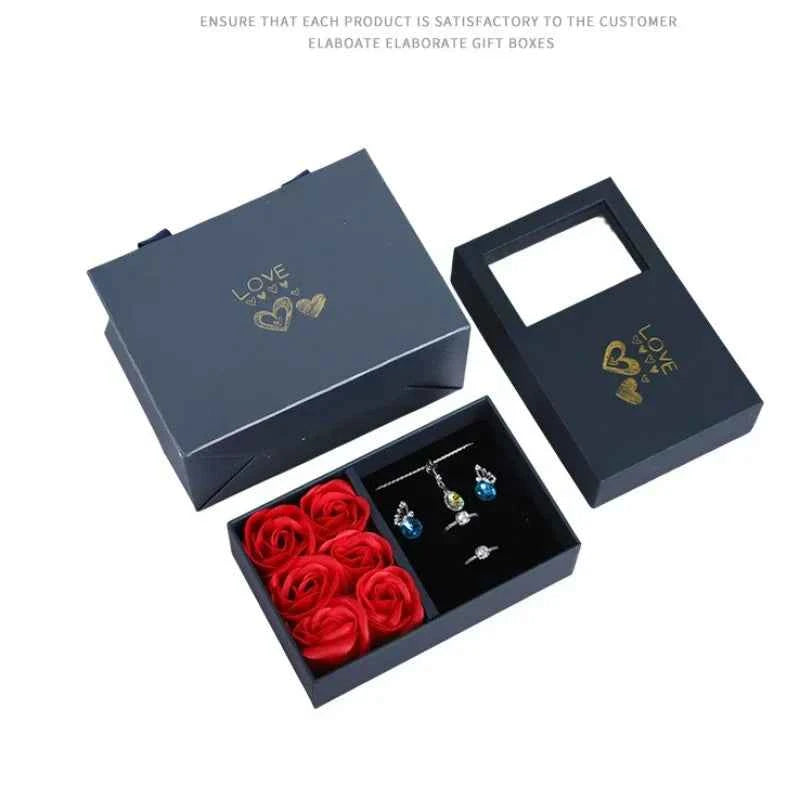 Window Opening Jewelry Box Romantic 6 Rose Pendants Ring Bracelet