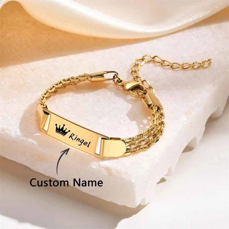 Little Boy/Girl Custom Engraved Name/Date Baby ID Bracelets Gold Plated Stainless Steel Gifts