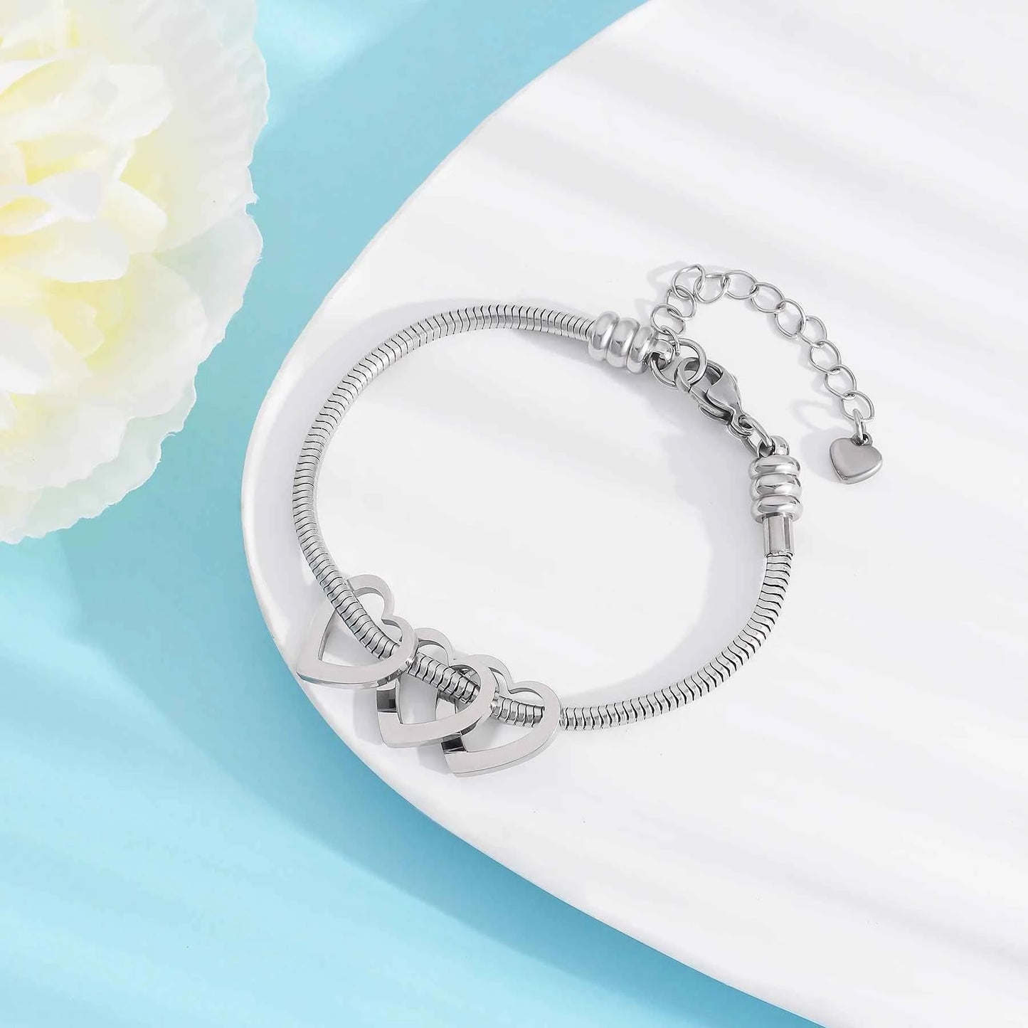 Personalized Stainless Steel Heart Charm Bracelets for Women Custom Engraved Family Name Adjustable