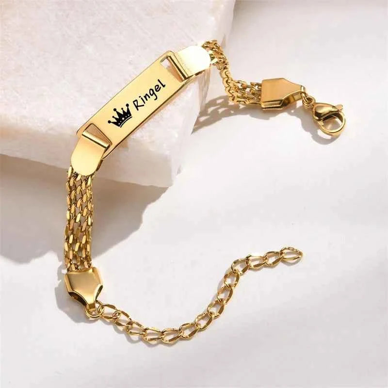Little Boy/Girl Custom Engraved Name/Date Baby ID Bracelets Gold Plated Stainless Steel Gifts