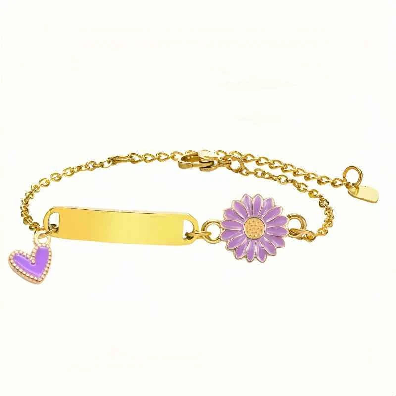 Personalized stainless steel engraved bracelet with daisy sunflower and colorful heart