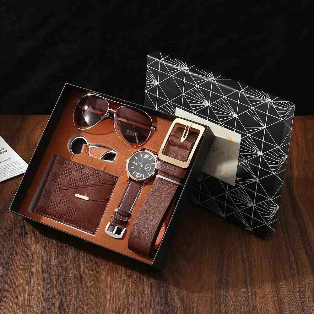 New Men Gift Set with Box Watch Keychain Sunglasses Belt and Wallet