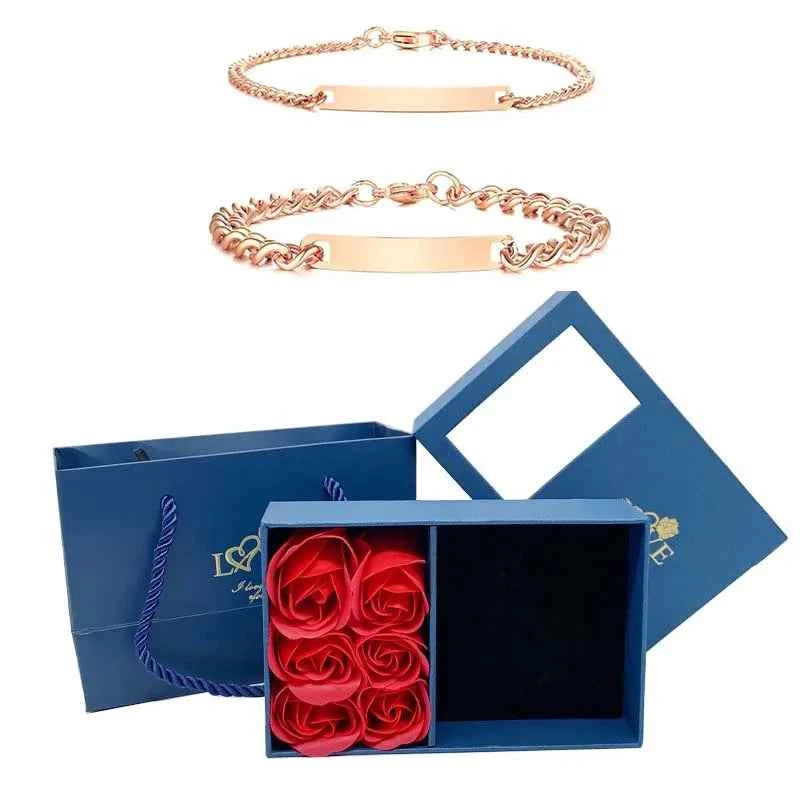 Customized Name Bracelet Gift Set Eternal Roses Jewelry Box for Couples Wife Anniversary Birthday Gifts