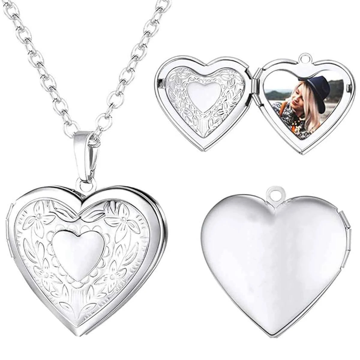 Personalized Customizable Photo Locket Necklace For Women Laser Engraved Love Heart Pendant Gift for Couples/Family