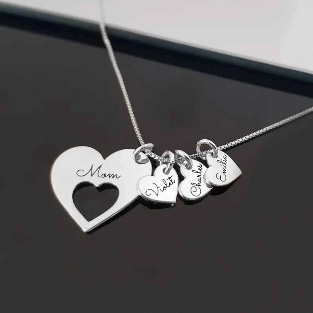 Personalized Hearts Necklace For Mom Engraved With Multiple Kids family Names