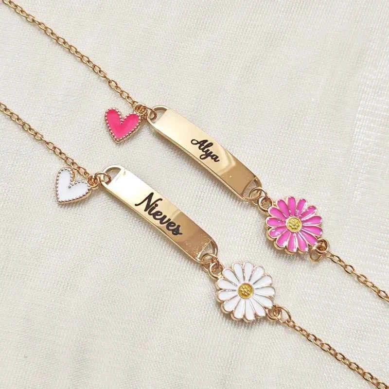 Personalized stainless steel engraved bracelet with daisy sunflower and colorful heart