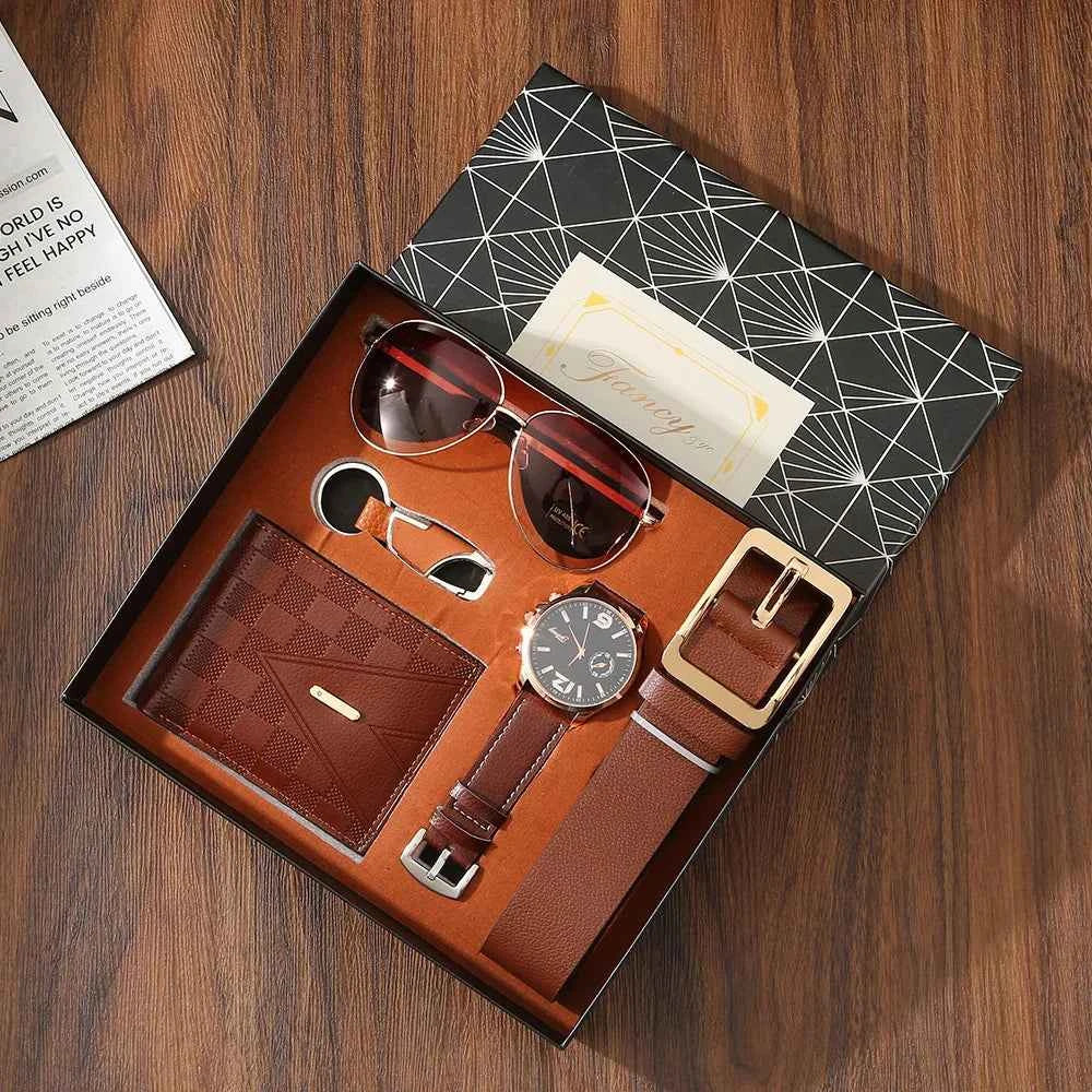 New Men Gift Set with Box Watch Keychain Sunglasses Belt and Wallet