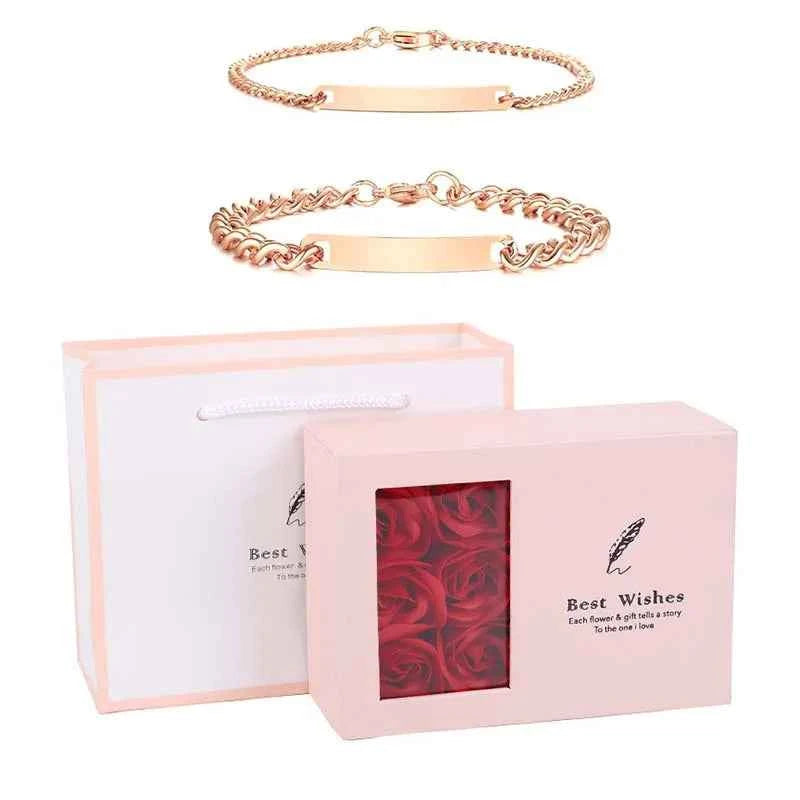 Customized Name Bracelet Gift Set Eternal Roses Jewelry Box for Couples Wife Anniversary Birthday Gifts