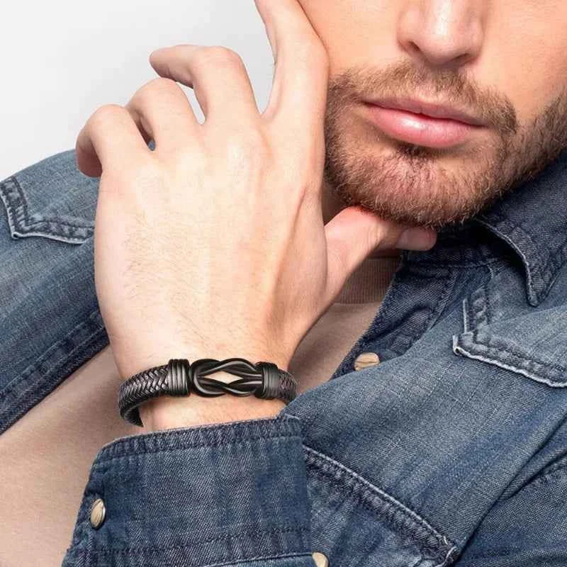 Knot Bracelet Gifts for Men Brown Braided Leather Stainless Steel
