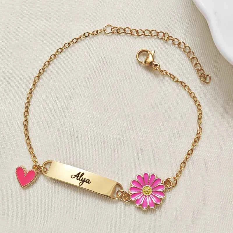 Personalized stainless steel engraved bracelet with daisy sunflower and colorful heart