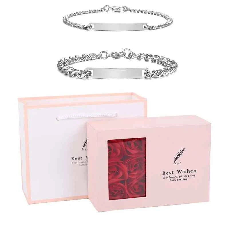 Customized Name Bracelet Gift Set Eternal Roses Jewelry Box for Couples Wife Anniversary Birthday Gifts