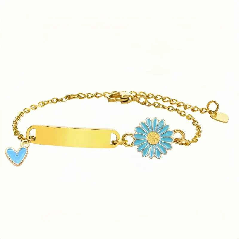 Personalized stainless steel engraved bracelet with daisy sunflower and colorful heart