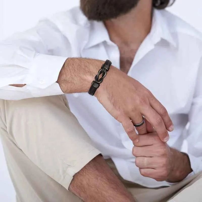 Knot Bracelet Gifts for Men Brown Braided Leather Stainless Steel