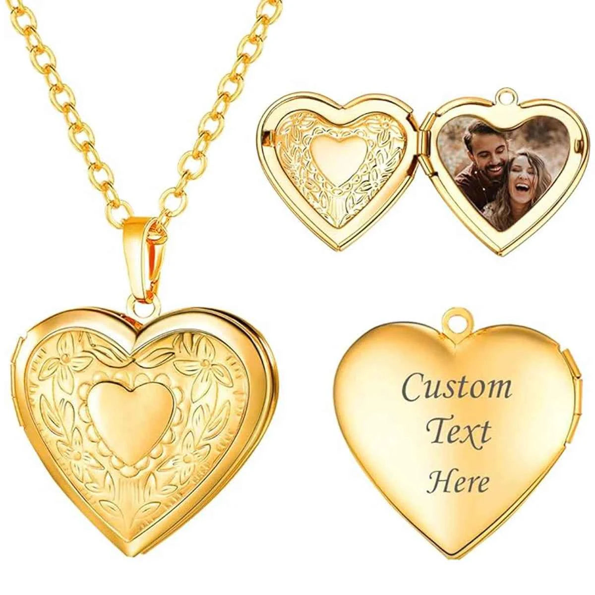 Personalized Customizable Photo Locket Necklace For Women Laser Engraved Love Heart Pendant Gift for Couples/Family