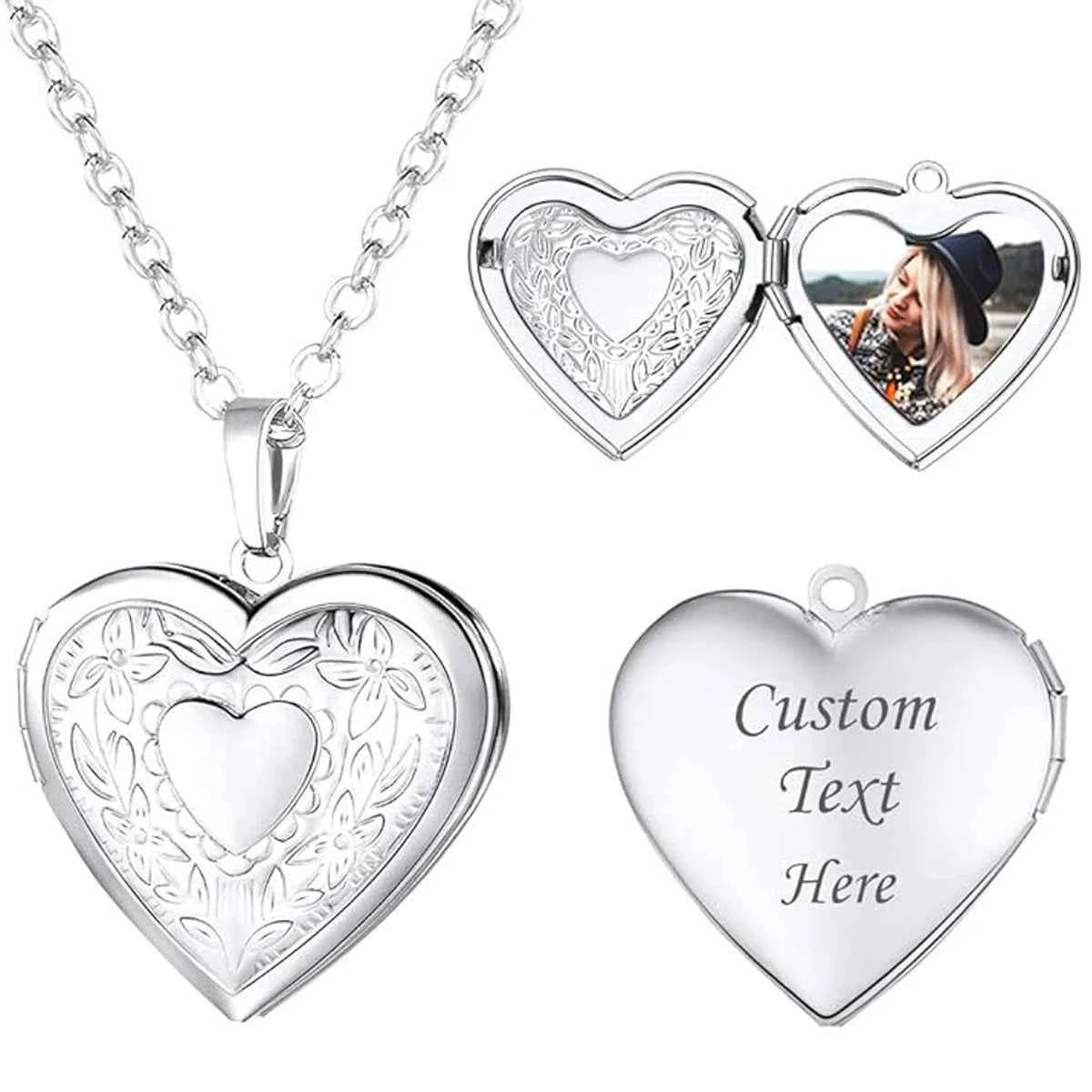 Personalized Customizable Photo Locket Necklace For Women Laser Engraved Love Heart Pendant Gift for Couples/Family