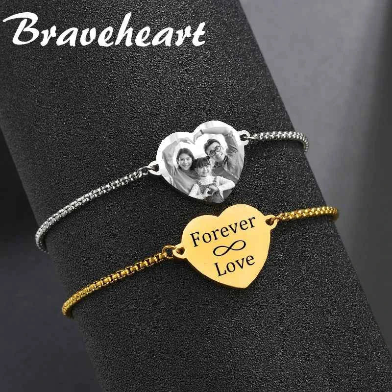 Personalized Engraved Heart Bracelet Custom Name Date Photo Logo For Women Men