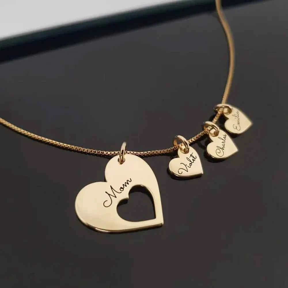 Personalized Hearts Necklace For Mom Engraved With Multiple Kids family Names