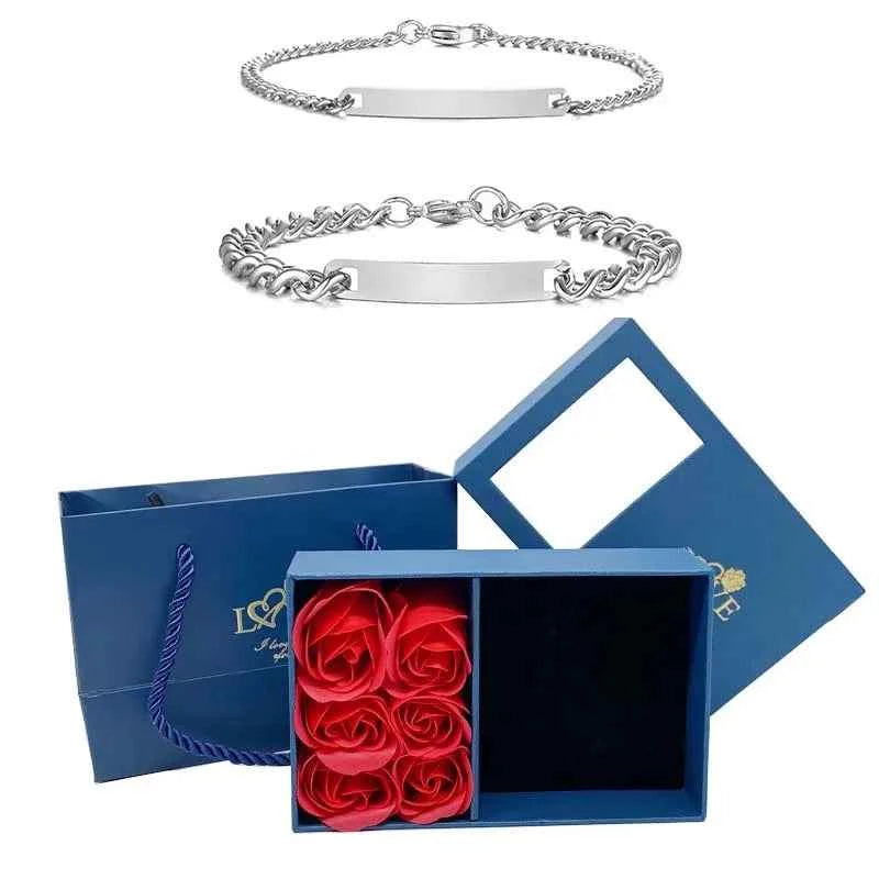 Customized Name Bracelet Gift Set Eternal Roses Jewelry Box for Couples Wife Anniversary Birthday Gifts