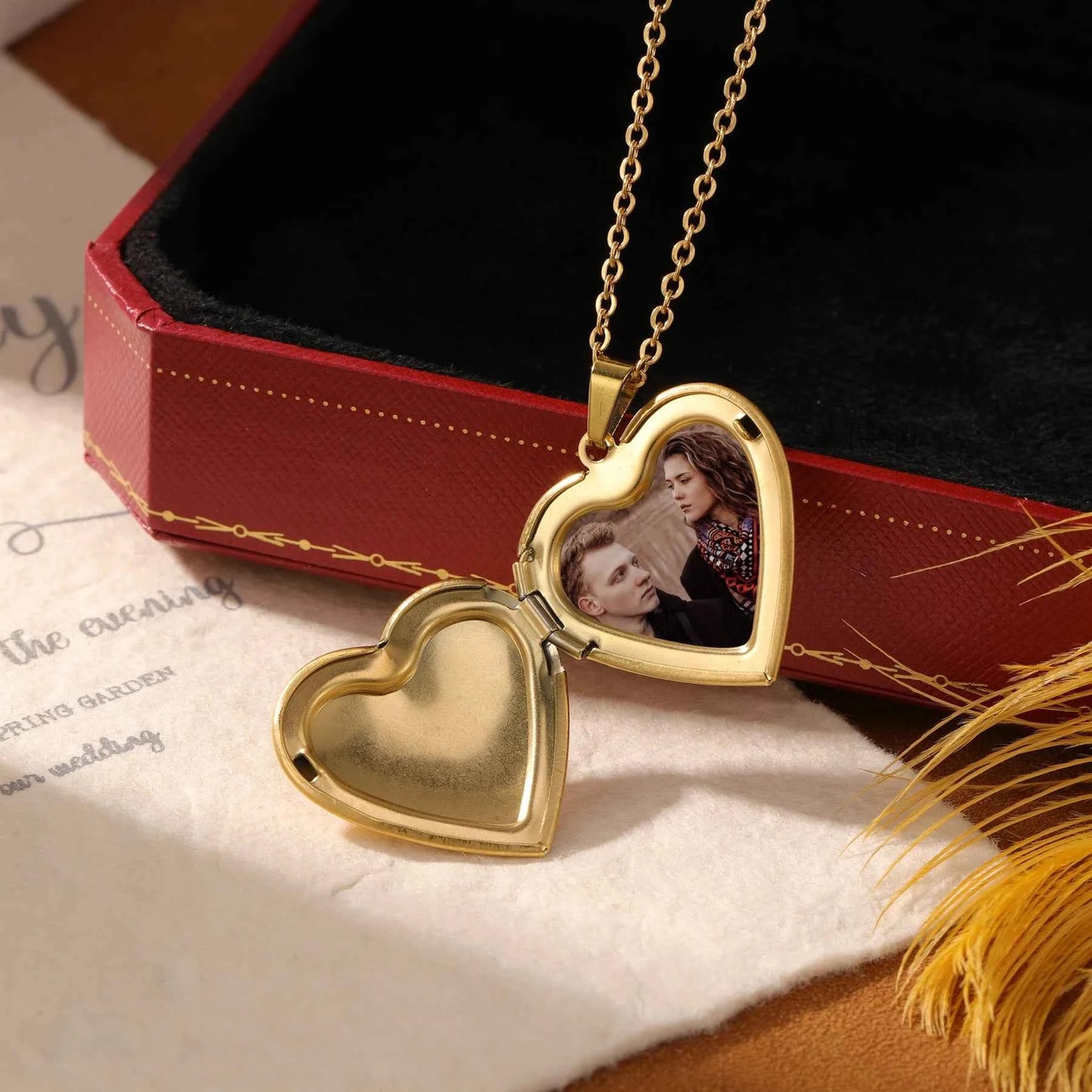Personalized Photo Engraved Date Name with Heart Locket Charm Necklace
