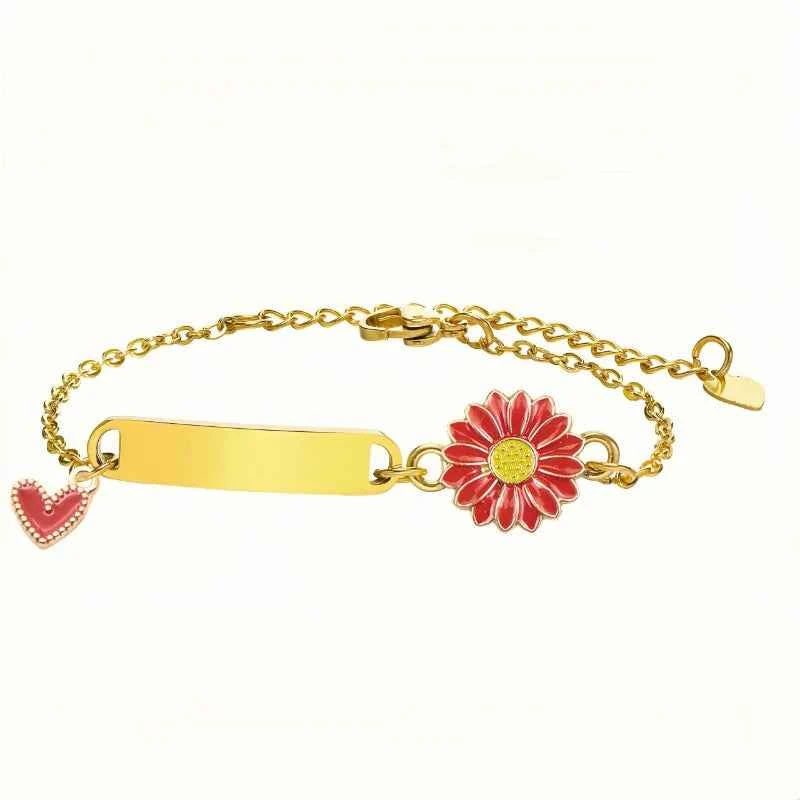 Personalized stainless steel engraved bracelet with daisy sunflower and colorful heart
