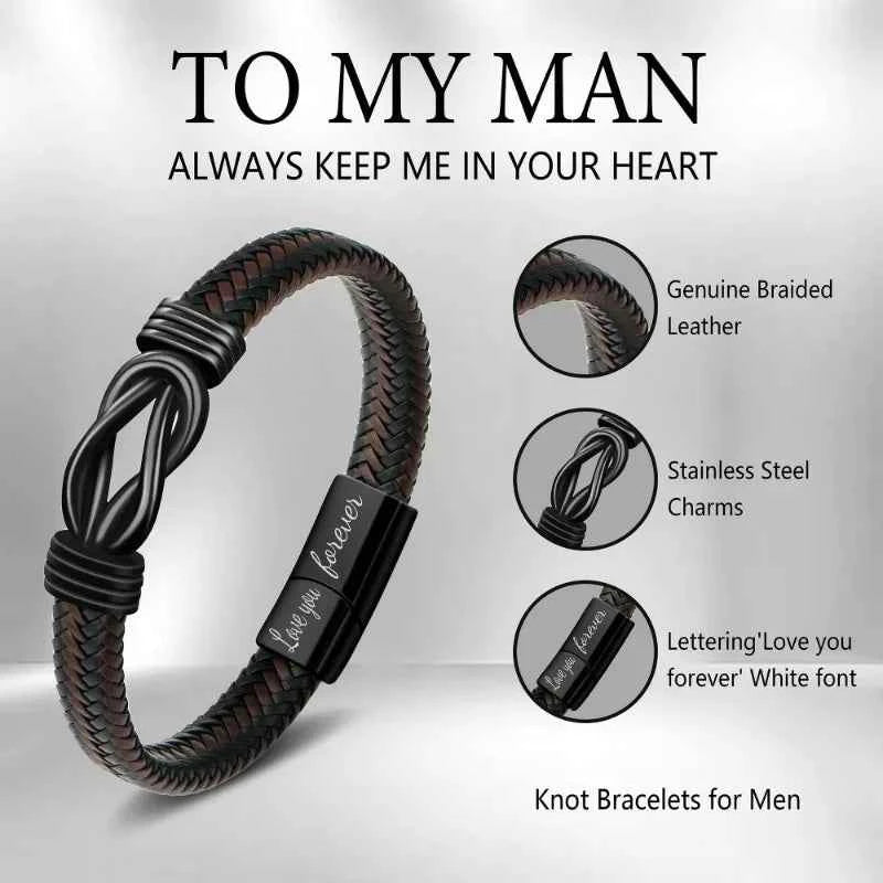 Knot Bracelet Gifts for Men Brown Braided Leather Stainless Steel