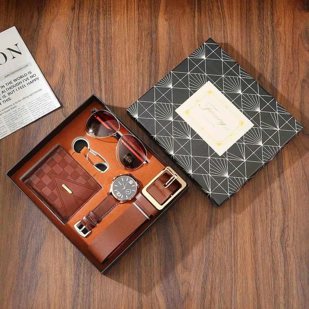 New Men Gift Set with Box Watch Keychain Sunglasses Belt and Wallet