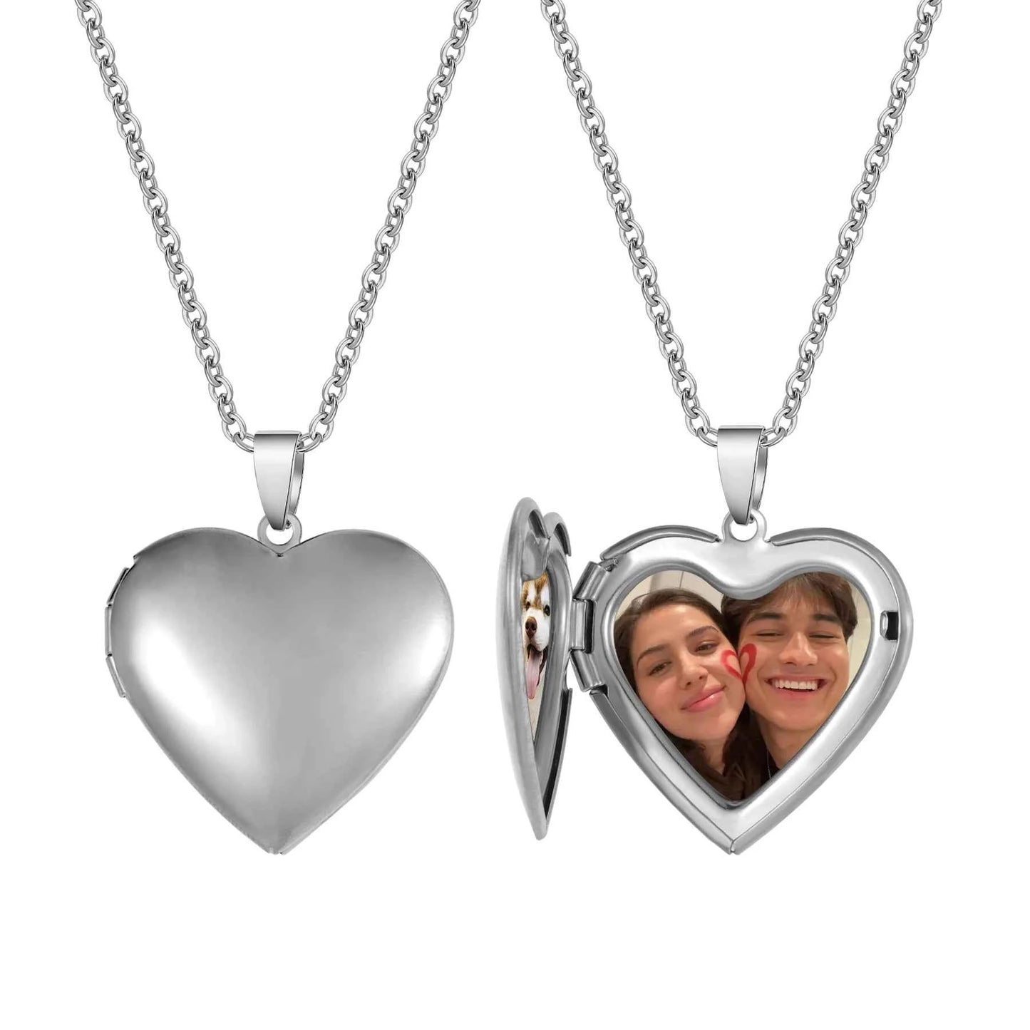Personalized Photo Engraved Date Name with Heart Locket Charm Necklace
