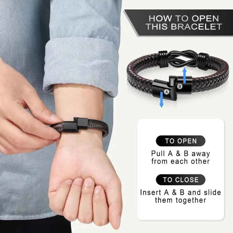 Knot Bracelet Gifts for Men Brown Braided Leather Stainless Steel