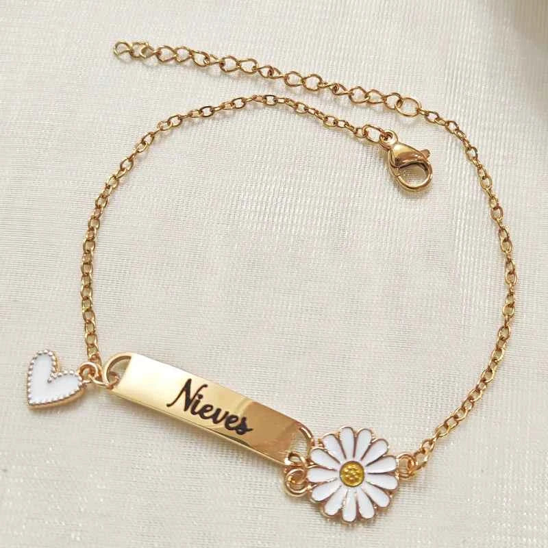 Personalized stainless steel engraved bracelet with daisy sunflower and colorful heart