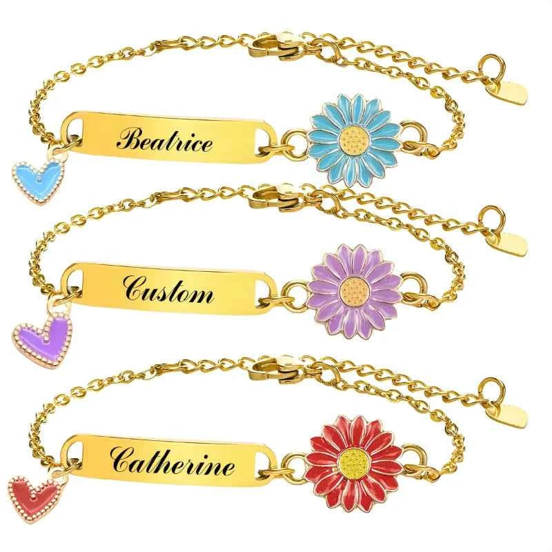 Personalized stainless steel engraved bracelet with daisy sunflower and colorful heart