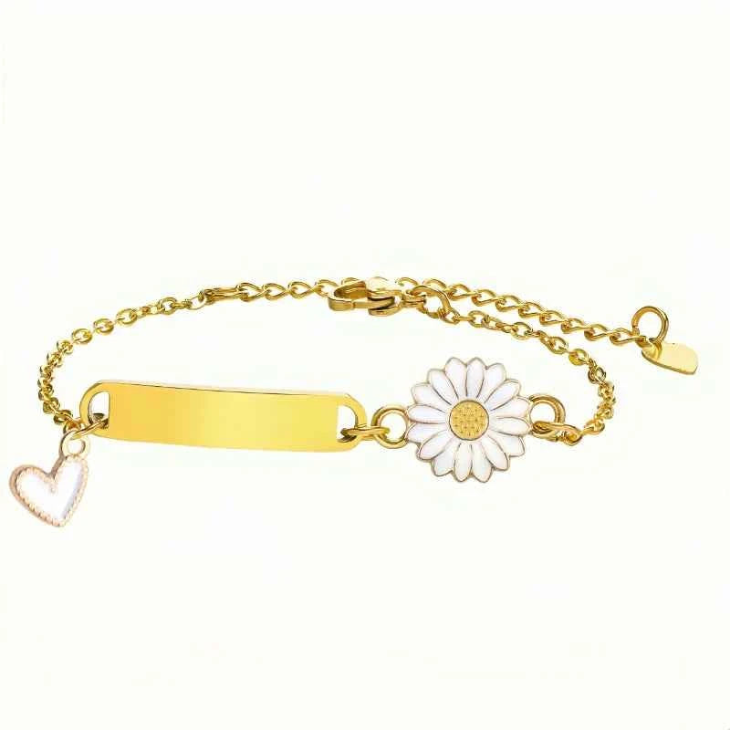 Personalized stainless steel engraved bracelet with daisy sunflower and colorful heart