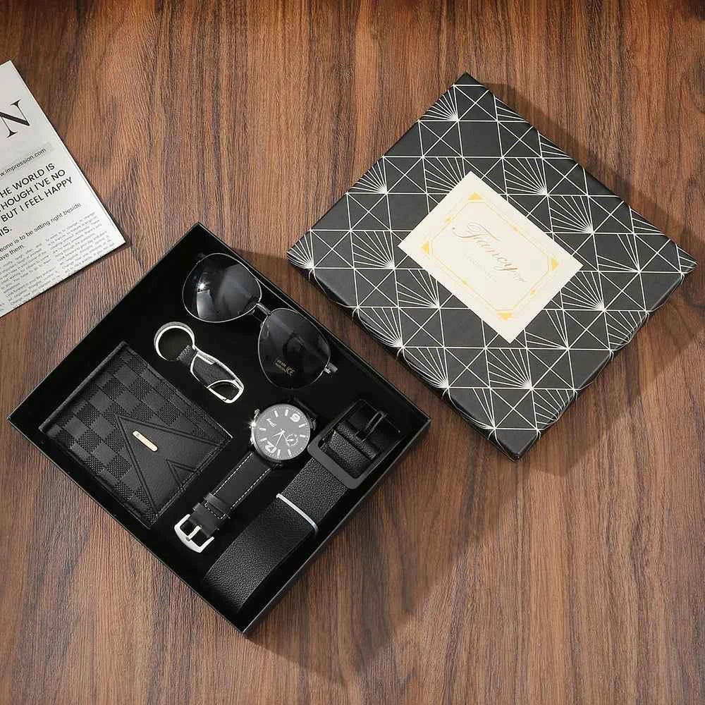 New Men Gift Set with Box Watch Keychain Sunglasses Belt and Wallet