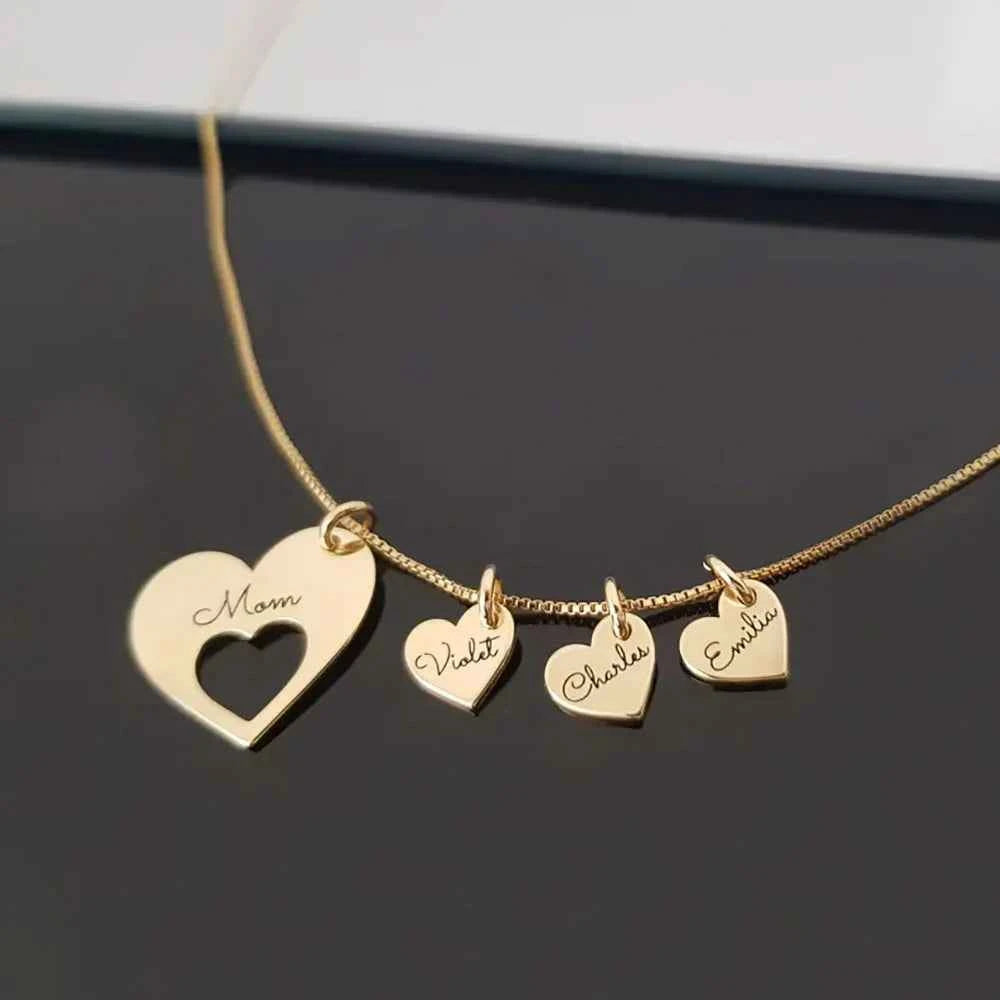 Personalized Hearts Necklace For Mom Engraved With Multiple Kids family Names