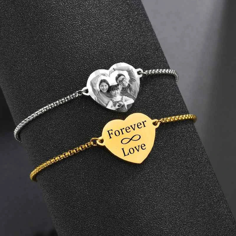 Personalized Engraved Heart Bracelet Custom Name Date Photo Logo For Women Men
