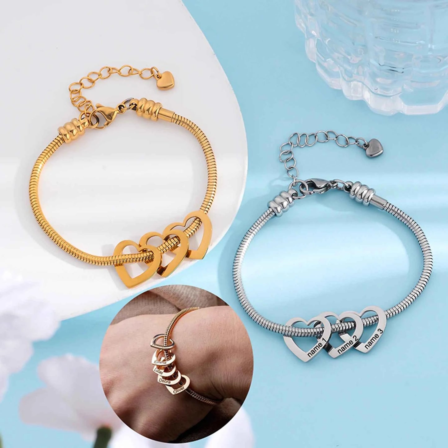 Personalized Stainless Steel Heart Charm Bracelets for Women Custom Engraved Family Name Adjustable