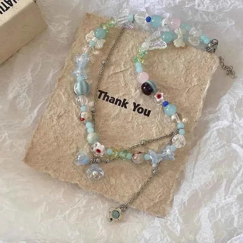 Heart Butterfly Flower Tassel Necklace with Colorful Beads