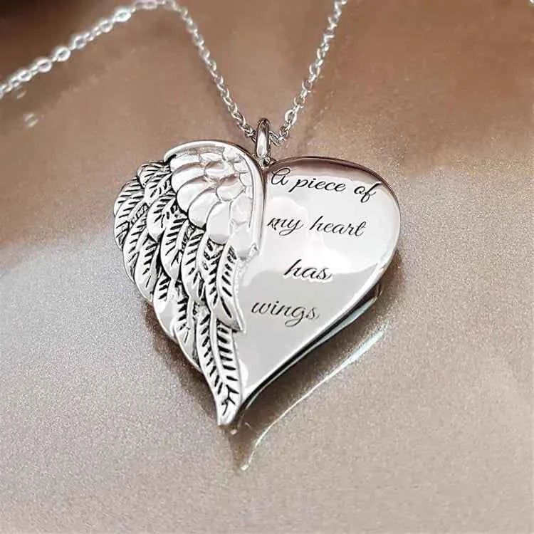 Angel Wings Engraved Necklace with Heart Pendant