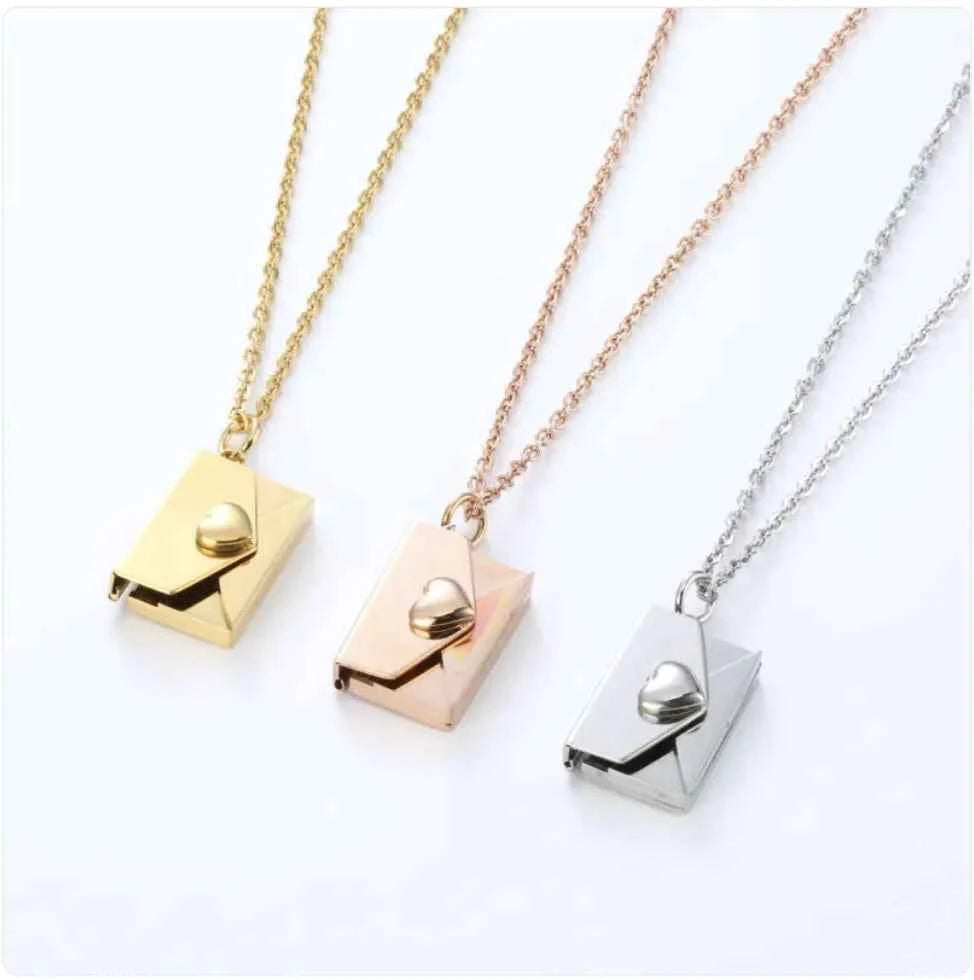 Hidden Message Heart Envelope Pendant Necklace Titanium Steel